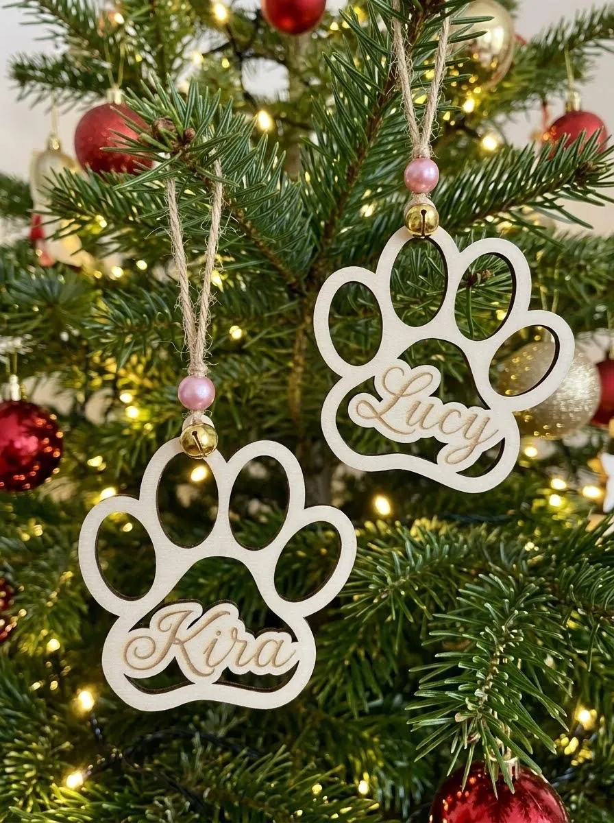 Due decorazioni in legno a forma di zampa, coi nomi Kira e Lucy, appese all'albero di Natale
