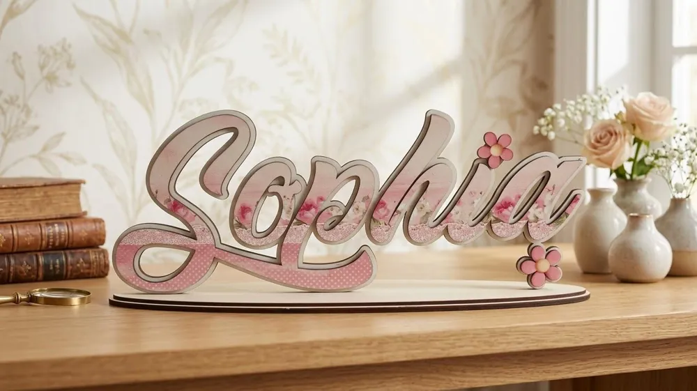 Nome Sophia in legno a due strati, rosa a fiori, su una base ovale