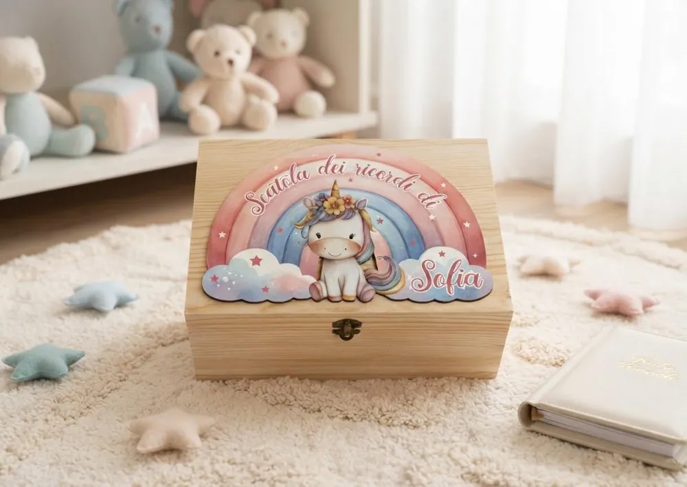 Scatola dei ricordi in legno col coperchio stampato: arcobaleno, unicorno e il nome Sofia