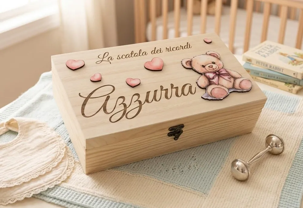 Scatola dei ricordi in legno incisa col nome Azzurra, con cuori rosa e un orsetto