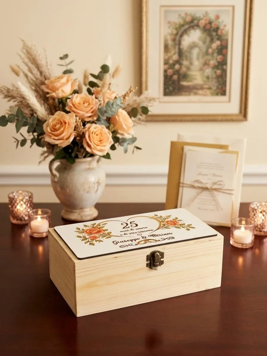 Scatola in legno col coperchio stampato con rose arancio, per un anniversario di matrimonio