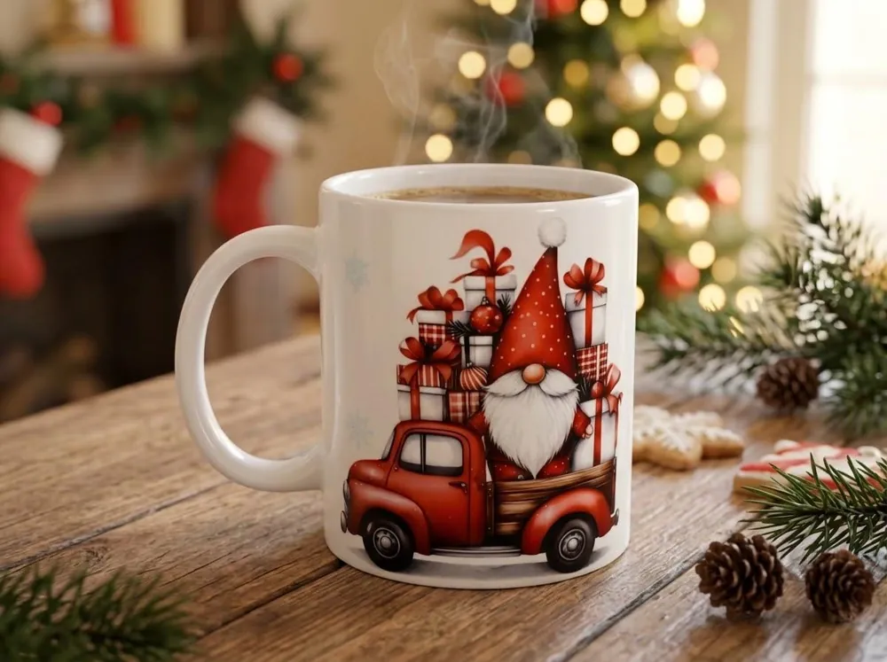 Tazza bianca con uno gnomo su un furgoncino rosso carico di regali