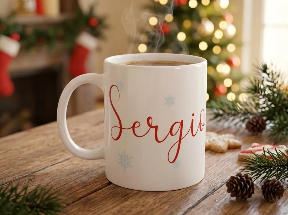 Tazza bianca col nome Sergio in corsivo rosso e fiocchi di neve